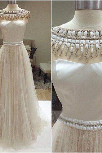 Elegant Prom Dress,white/ivory Prom Dress,wedding Party Dress,evening Dress,formal Dress,tulle Graduation Dress,maxi Dress, Crystal Beaded Pearls
