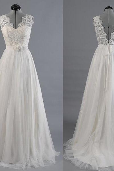 Princess A Line V Neck Empire Waist White Lace Tulle Wedding Dresses,custom Made Back V Wedding Gowns,flowers Belt Bridal Wedding Dress Ball