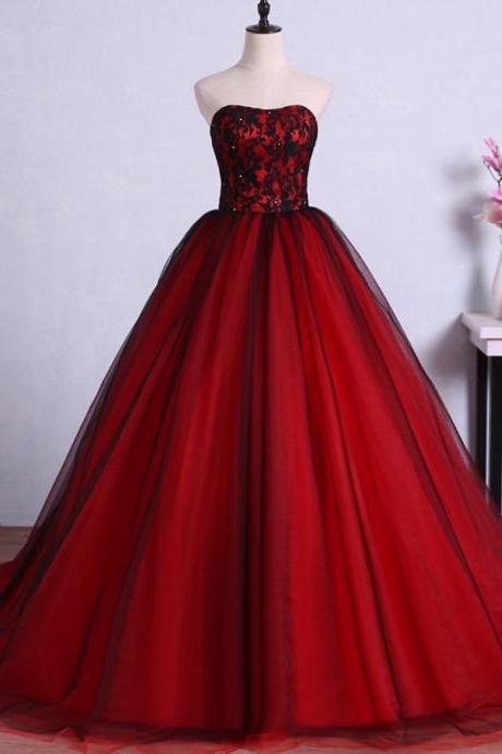 Charming Red Ball Gown Prom Dresses Tulle Sweetheart Evening Gowns With Lace Bodice, P3309