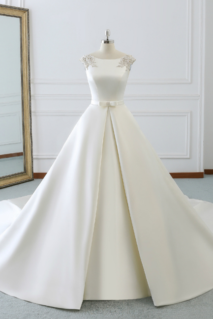 White Satin Cap Sleeve Backless Wedding Dress With Pearls,W3315
