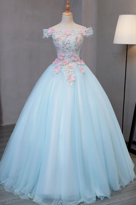 Sky Blue Tulle Princess Off Shoulder Long Formal Prom Dress, Long Strapless Pink Flower Appliqués Evening Dress,p3316