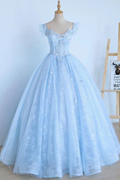 Light Blue Lace Cap Sleeve Long Sweet 16 Prom Dress, Evening Dress,p3317