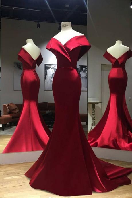 Gorgeous Red Off Shoulder Mermaid Evening Gowns,Sweep Train Red Prom Dress,Formal Dress,P3322