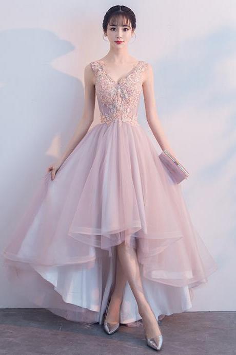 Pink v neck tulle lace prom dress, high low evening dress,P3325