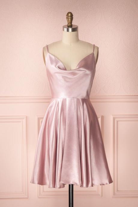 Simple A-Line Cowl Neck Open Back Blush Pink Satin Short Homecoming Dresses,Back to School Dresses,H3337