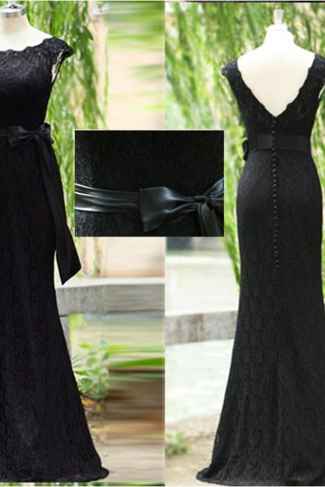 Black Lace Prom Dress Exquisite Mermaid Trumpet Scoop Neck Ribbon Backless Long Evening Prom Gowns，p3338