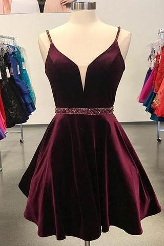 Simple A-line Spaghetti Straps Burgundy Short Homecoming Dress With Beading,h3339