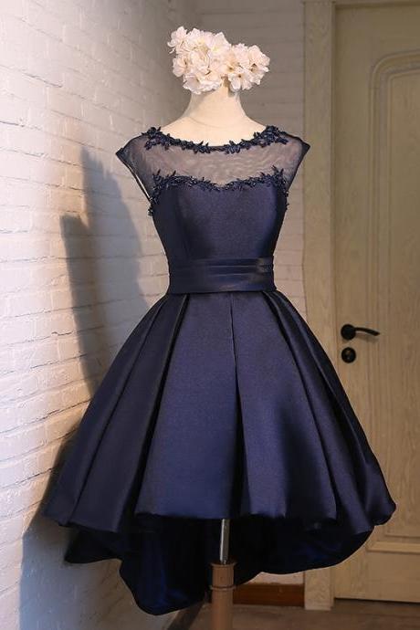Navy Blue Illusion Cap Sleeve Homecoming Dress,Cocktail Dress High Low Skirt,H3342