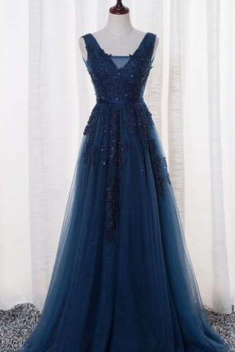 Navy Blue Evening Dresses Vestido De Festa V Neck Cap Sleeve Vintage Lace Appliques Beaded Prom Dresses,p3349
