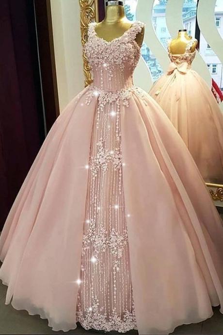 Fabulous Tulle & Organza V-neck Neckline Floor-length Ball Gown Quinceanera Dresses With Beaded Lace,p3351