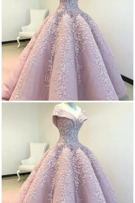 Off the Shoulder Ball Gown Pink Long Prom Dress with Appliques,P3352
