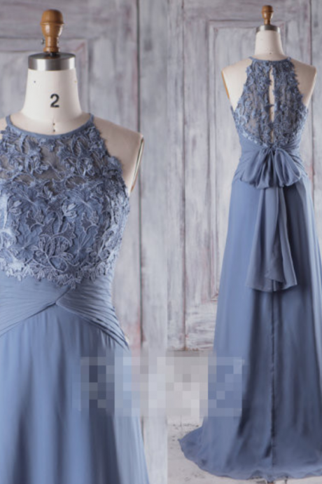 Steel Blue Chiffon Boho Bridesmaid Dress, Sweetheart Illusion Wedding Dress, Bow Back Prom Dress, Lace Evening Gown Floor Length,P3353