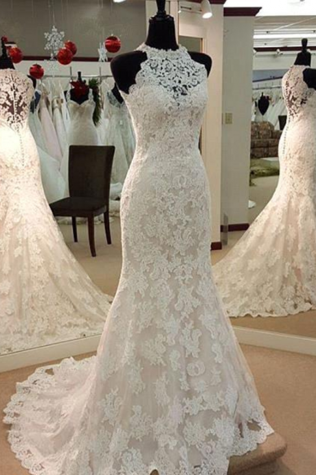 Halter Lace Mermaid Wedding Dress, Bridal Dresses,w3356