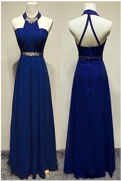 Royal Blue Halter Beaded Long Prom Dresses,A-line Chiffon Evening Dresses,Party Prom Dresses,Prom Dress,Evening Gowns On Sale,P3357