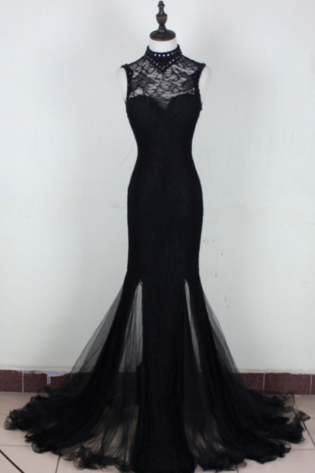 Halter Sheer Sleeveless Mermaid Long Prom Dress, Evening Dress Featuring Lace-up And Open Back,p3360