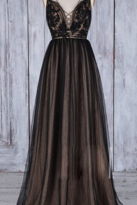 Black v neck lace tulle long prom dress, black bridesmaid dress,P3361