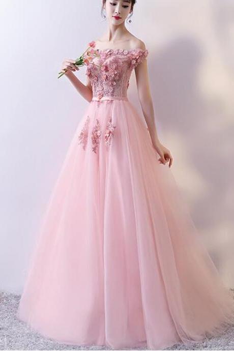 Beautiful Pink Tulle With Flowers Applique Long Formal Gown, Pink Prom Dresses,p3367