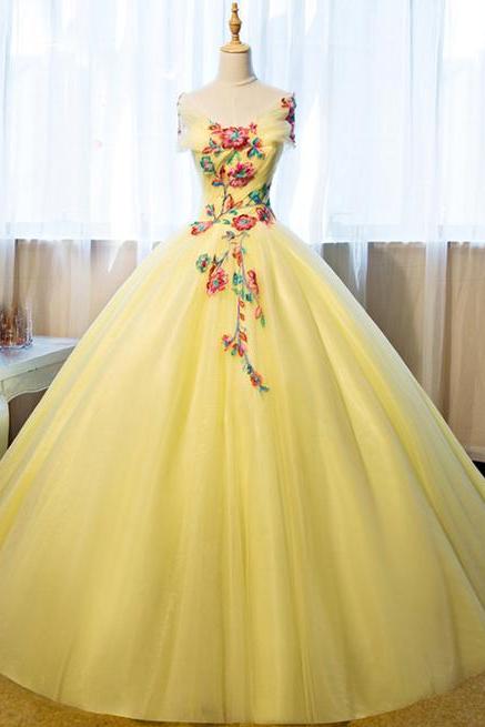 Beautiful Yellow Tulle Long Prom Dress, Sweet 16 Gowns, Yellow Formal Dresses 2019,P3368