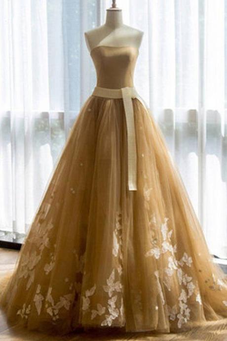 yellow party dress strapless evening dress tulle applique prom dress with sash off shoulder formal dress,P3374