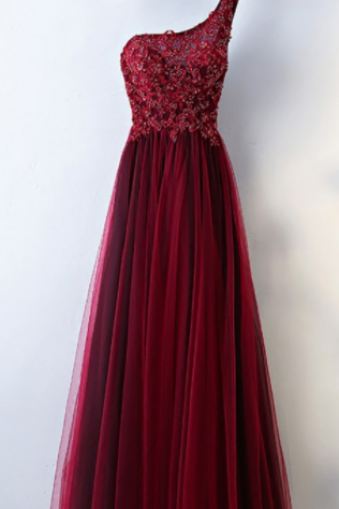 Burgundy One Shoulder Prom Dresses, Long Tulle Prom Party Dress For Women,dark Red Eveing Dresses,p3376