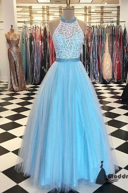 Blue Long Prom Dress Halter Lace Tulle Evening Dress Formal Dress,p3383