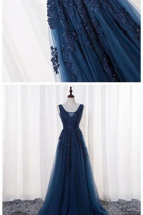A-LINE V-NECK FLOOR LENGTH TULLE PROM DRESS/EVENING DRESS WITH APPLIQUES,P3384