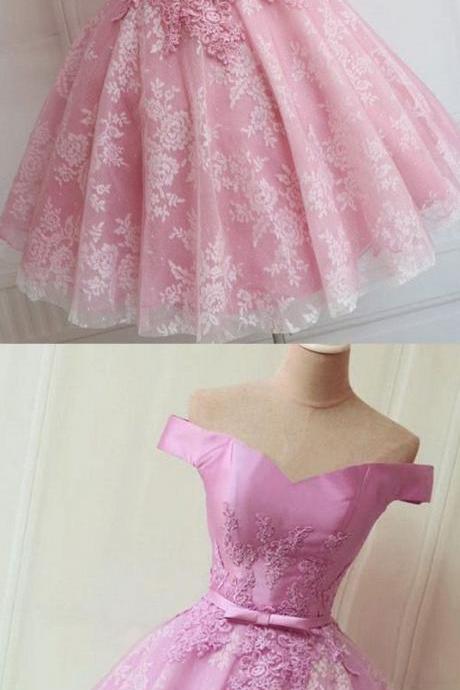 Short, A-line/princess, Prom Dresses, Pink Sleeveless ,with Bow Knot, Mini Homecoming Dresses , Sexy ,off-the-shoulder ,mini Dresses,h3385