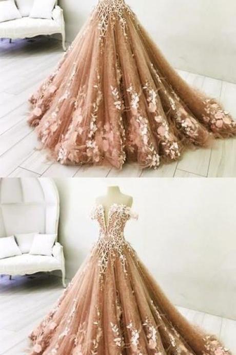 Lace Embroidery Off Shoulder Tulle Ball Gown Wedding Dresses,P3387