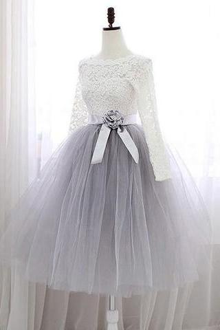 Gray Lace Short Prom Dress, Long Sleeve Evening Dress,h3388
