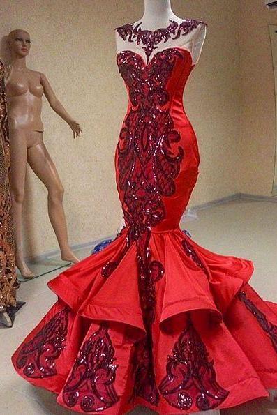 Luxury ,mermaid Sleveless,embroidery,red,sequine Decor Dress,long Prom Dresses,p3389