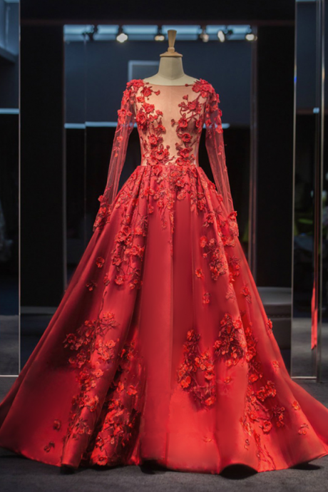 New Long Sleeve ball gowns robe de bal longue Illusion Hand Made Tulle Back Tail Prom Dresses,P3391
