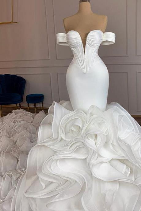 Elegant Mermaid African Women Wedding Dresses 2021 Off The Shoulder Ruffles High Quality Satin Birdal White Wedding Gowns,W3398