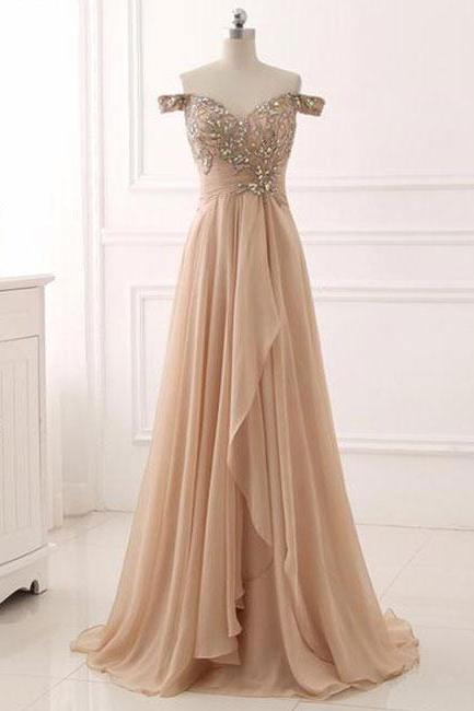 P3402 Champagne Beaded Embellished Off-the-shoulder Sweetheart Floor Length Chiffon A-line Prom Dress, Formal Dress