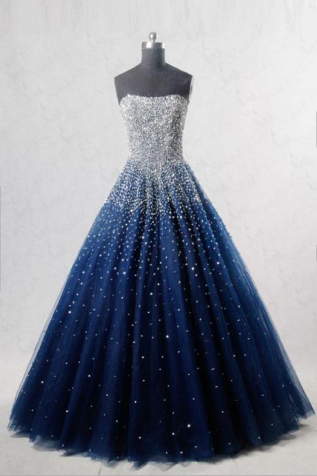 P3405 Blue Sweetheart Sequin Tulle Long Prom Dress, Blue Evening Dress