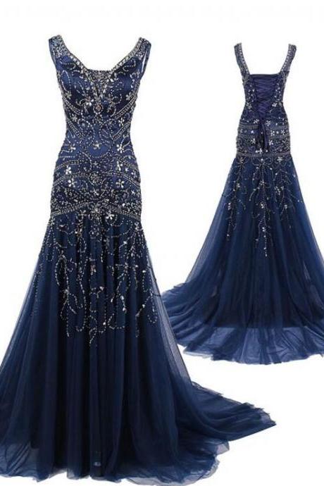 P3417 Charming Dark Blue Beading Prom Dress,sexy Sleeveless Chiffon Evening Dress,sexy Backless Lace Up Prom Dress