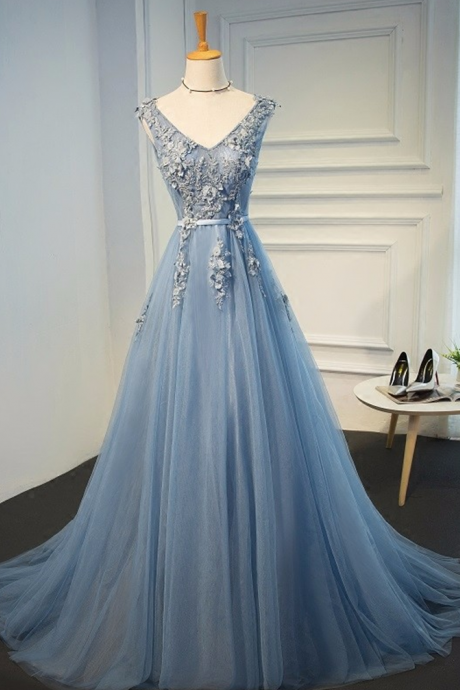P3421 Charming Prom Dress,blue Evening Gowns Dresses Plus Size Tulle Appliques Long Formal Dresses V Neck Lace Up Sleeveless