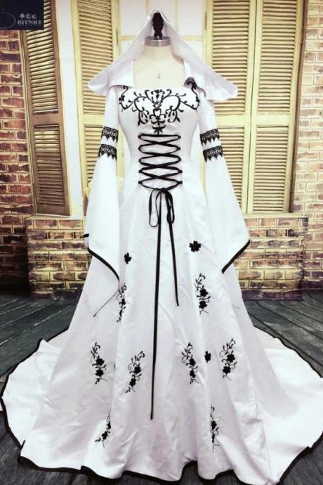 W3422 Robe De Mariage, 2021 Medieval Wedding Dress, Custom Made Bridal Dresses,Unique Embroidery A-Line White Wedding Dresses