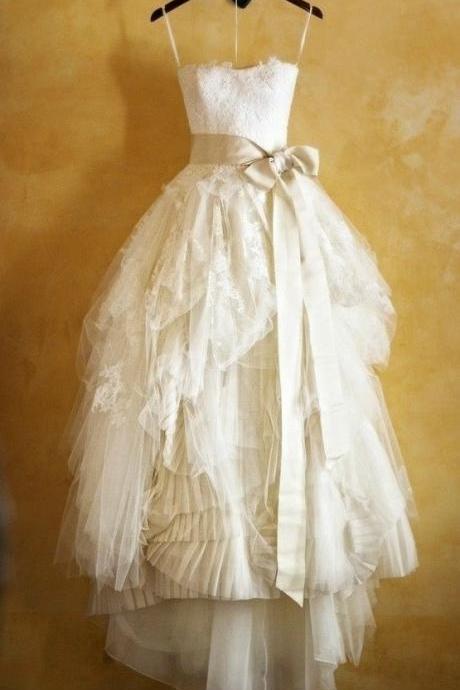 W3426 Handmade Lace Wedding Dresses With Sash, Wedding Gowns, Bridal Dresses, Bridal Gowns, Strapless Wedding Dress, Ball Gown Wedding Dress