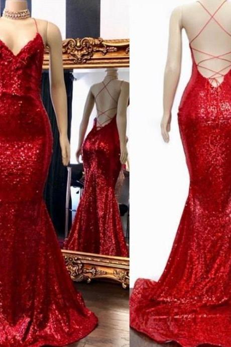 P3427 Red Sequin Prom Dress 2021 Mermaid Sleeveless Long Evening Gown