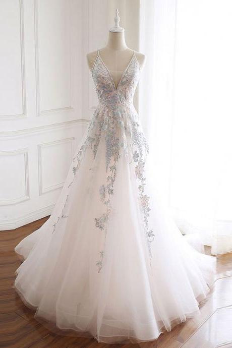 P3432 White V Neck Tulle Lace Long Prom Dress, Lace Evening Dress