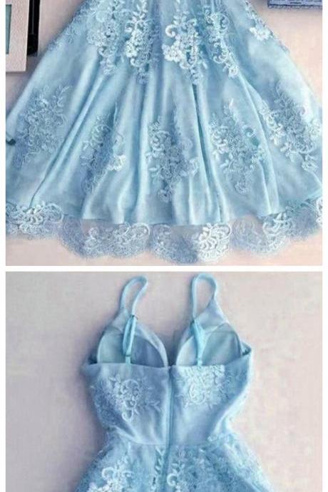 H3433 Light Blue Spaghetti Strap Homecoming Dress,lace Appliqued Short Homecoming Dresses, Sexy Mini Prom Dress
