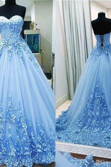 P3434 Elegant Appliques Blue Long Prom Dress, Tulle Formal Evening Dress