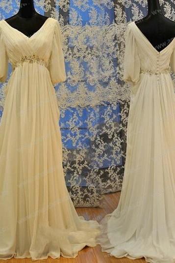 W3439 Fast A Line Wedding Dresses Vestidoos De Noiva Empire Waist Chiffon Half Sleeves Real Photos