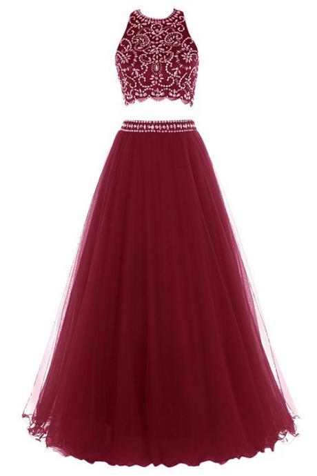 P3441 Red Floor Length Two Piece Prom Dress Featuring Beaded Embellished Halter Cropped Bodice, Open Back And Tulle A-line Skirt