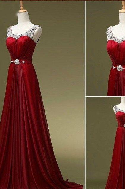 P3445 Beaded Embellished Scoop Neck Sleeveless Red Chiffon Floor Length A-line Prom Dress Featuring Beaded Embellished Belt