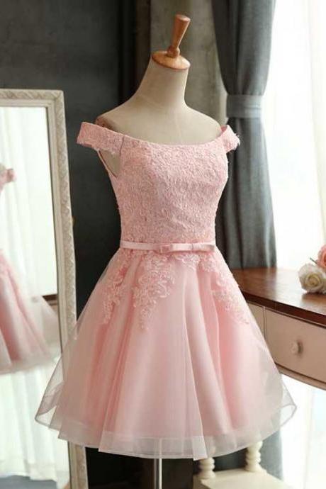 H3448 Off Shoulder Pink Lace Applique Bridesmaid Dress,Lace up back Homecoming Dress with Sash