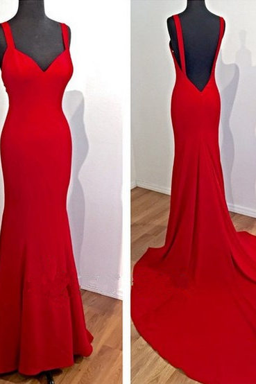P3449 Fitted Straps Red Sweetheart Silk Satin Open Back Formal Gown Sheath Prom Dresses