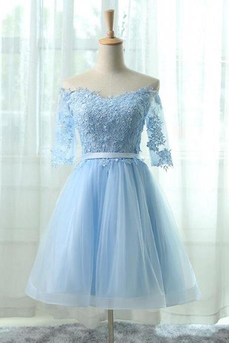 H3452 Beauty Simple Lace Homecoming Dress,off-the-shoulder Appliqué Short Homecoming Dress In Light Blue,short Prom Dress