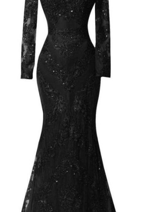 P3453 Long Sleeves Prom Dress,black Prom Dress,lace Prom Dress,beading Prom Dress,charming Beading Evening Dress,lace Mermaid Prom Dress