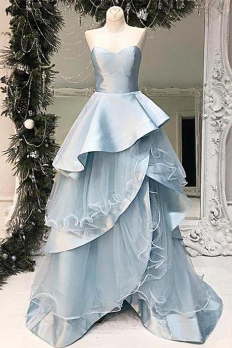 P3459 Sweetheart Neck Baby Blue Layered Long A Line Evening Dress, Senior Prom Dress